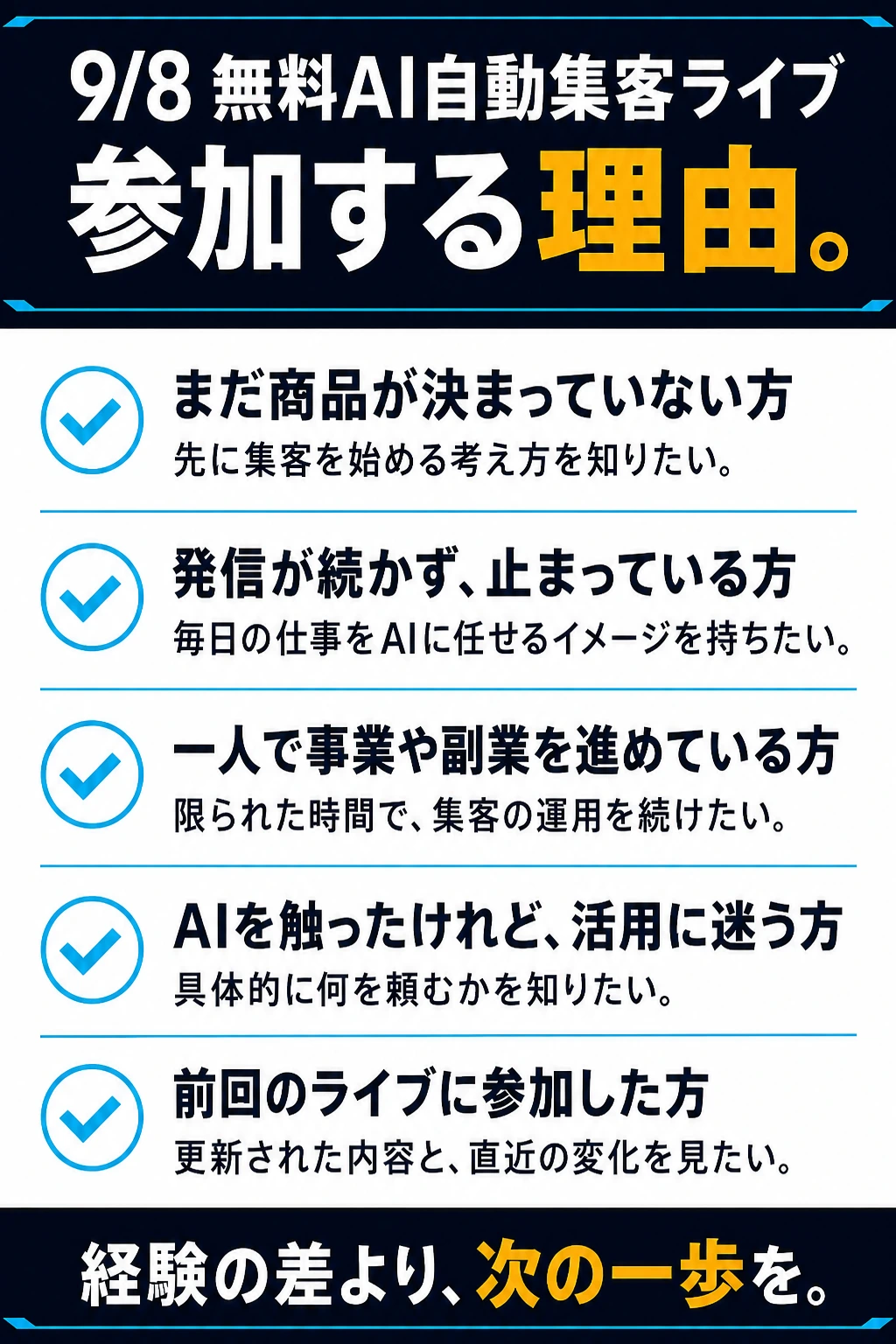 集客をこれから始めたい方、発信が続かない方、AIを実務に使いたい方、商品づくりと集客を並行したい方、前回参加した方へ。