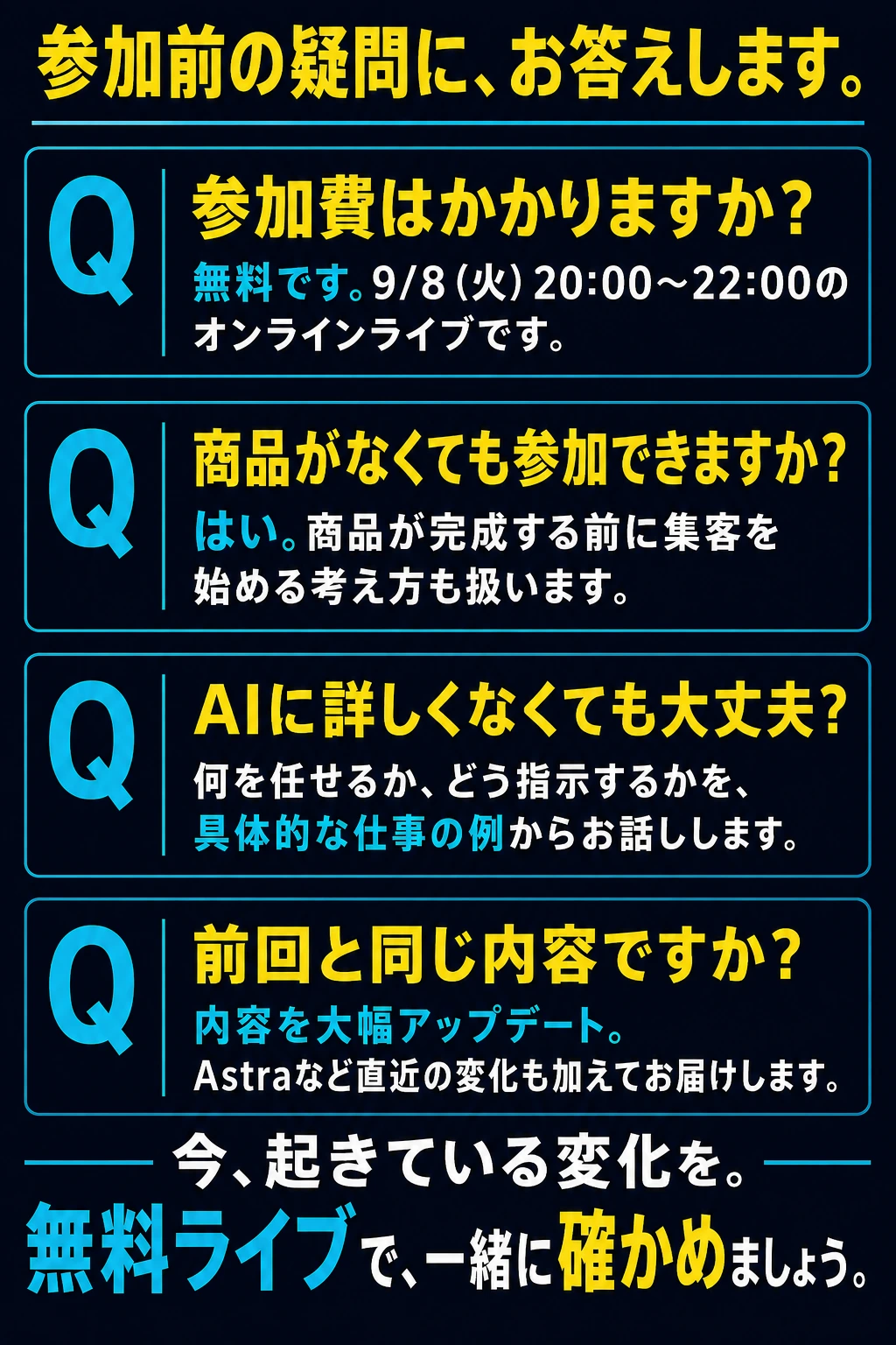 よくある質問。参加無料。9月8日火曜20時から22時。商品が未完成でも、AI初心者でも、前回参加者でも参加できます。